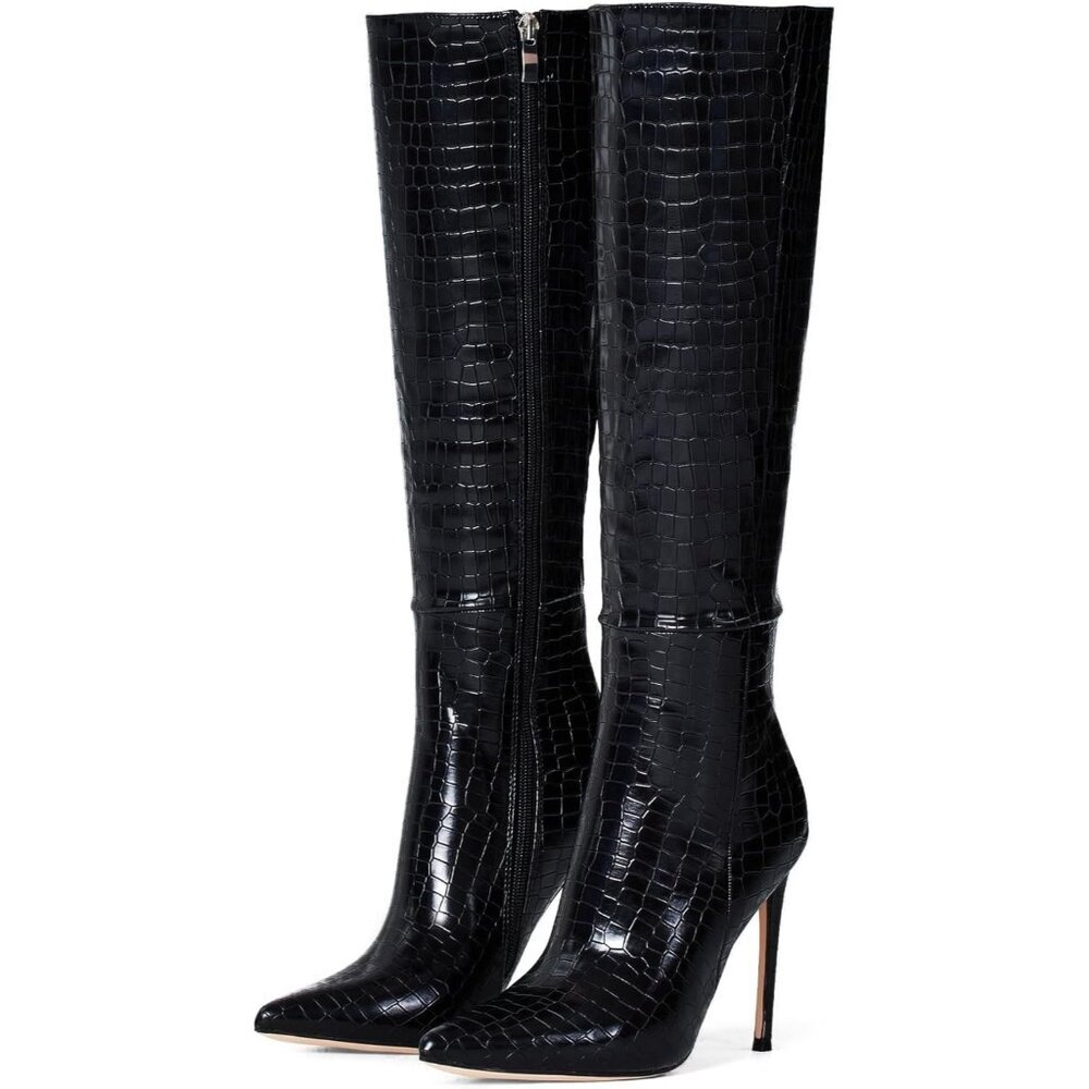 Women's Black Leather Suede Knee High Stiletto Tall Pointed Toe Stylish Boot - Picture 1 of 6